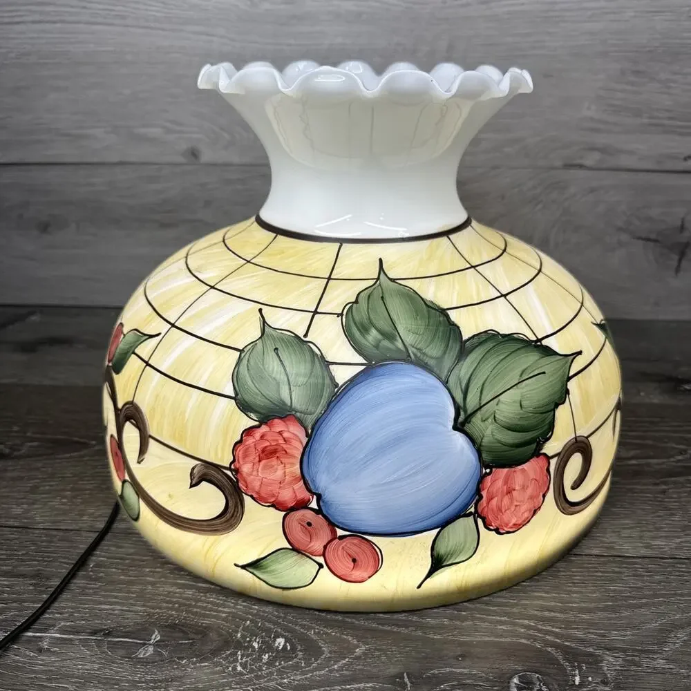 VTG Milky Glass Hand painted Hurricane Lamp Shade 14-3/4” Diameter 9-7/8”Tall